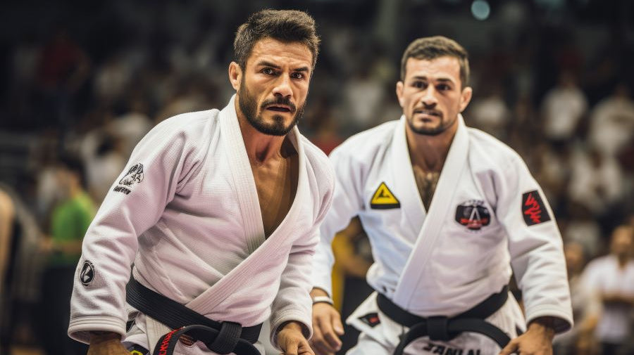 2 men in bjj kimono. they are black belts.