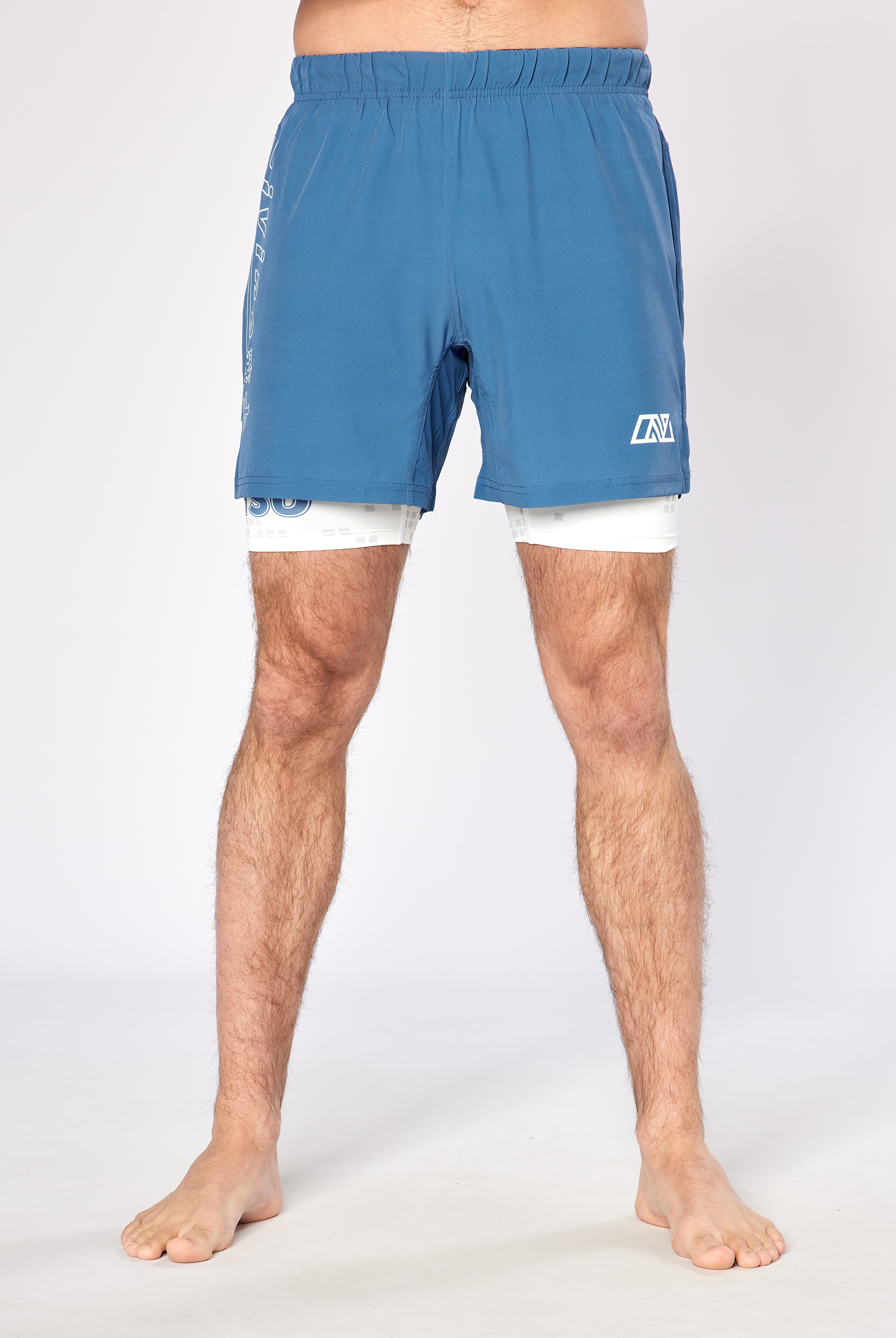 Men’s NoGi BJJ shorts with built-in white compression liner – dual-layer MMA grappling shorts in blue, shown front view