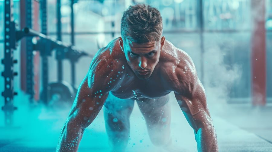 Man in picture is showing how fit he is. He is showing a push up position. You can see the definition in his muscles.