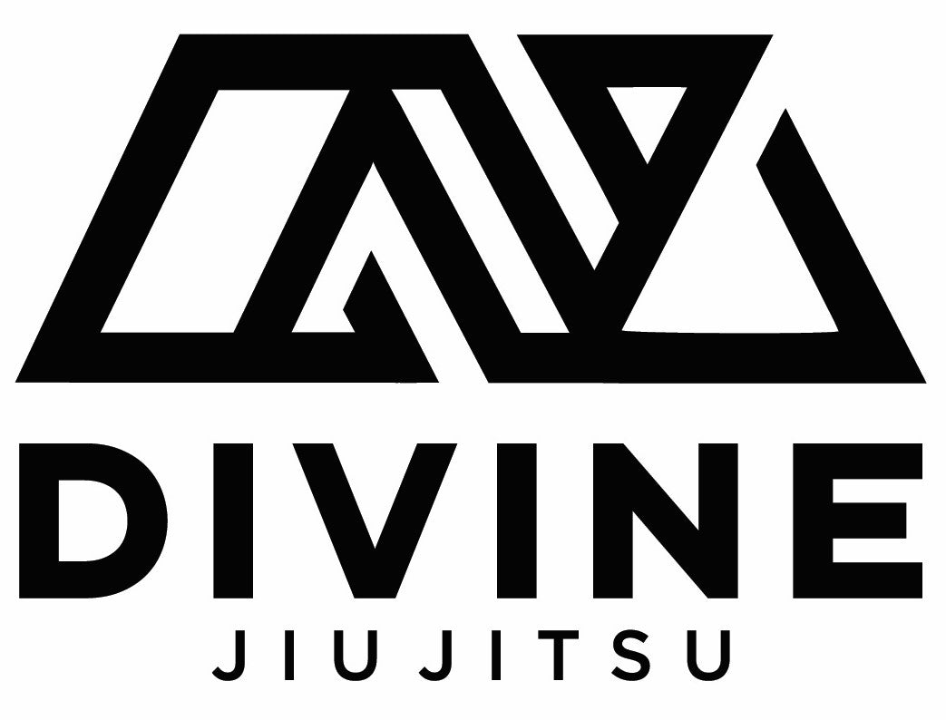 A logo with bold, black geometric shapes resembling angular lines and triangles, positioned above the text "DIVINE JIUJITSU" written in capital letters.