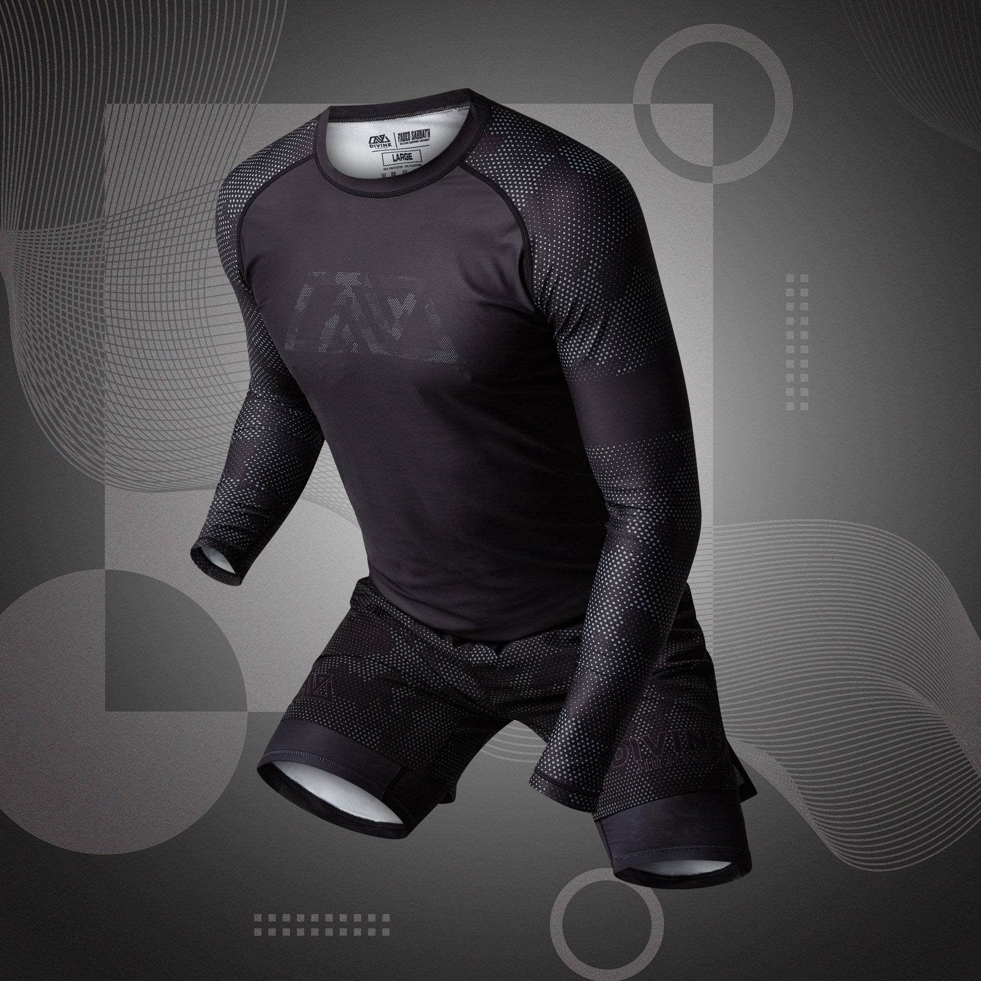 A dark, long-sleeve athletic outfit consisting of a top and shorts is displayed against a modern, abstract background with geometric shapes. Both pieces are black with subtle dotted patterns, and the outfit appears to be designed for sports or physical activities.