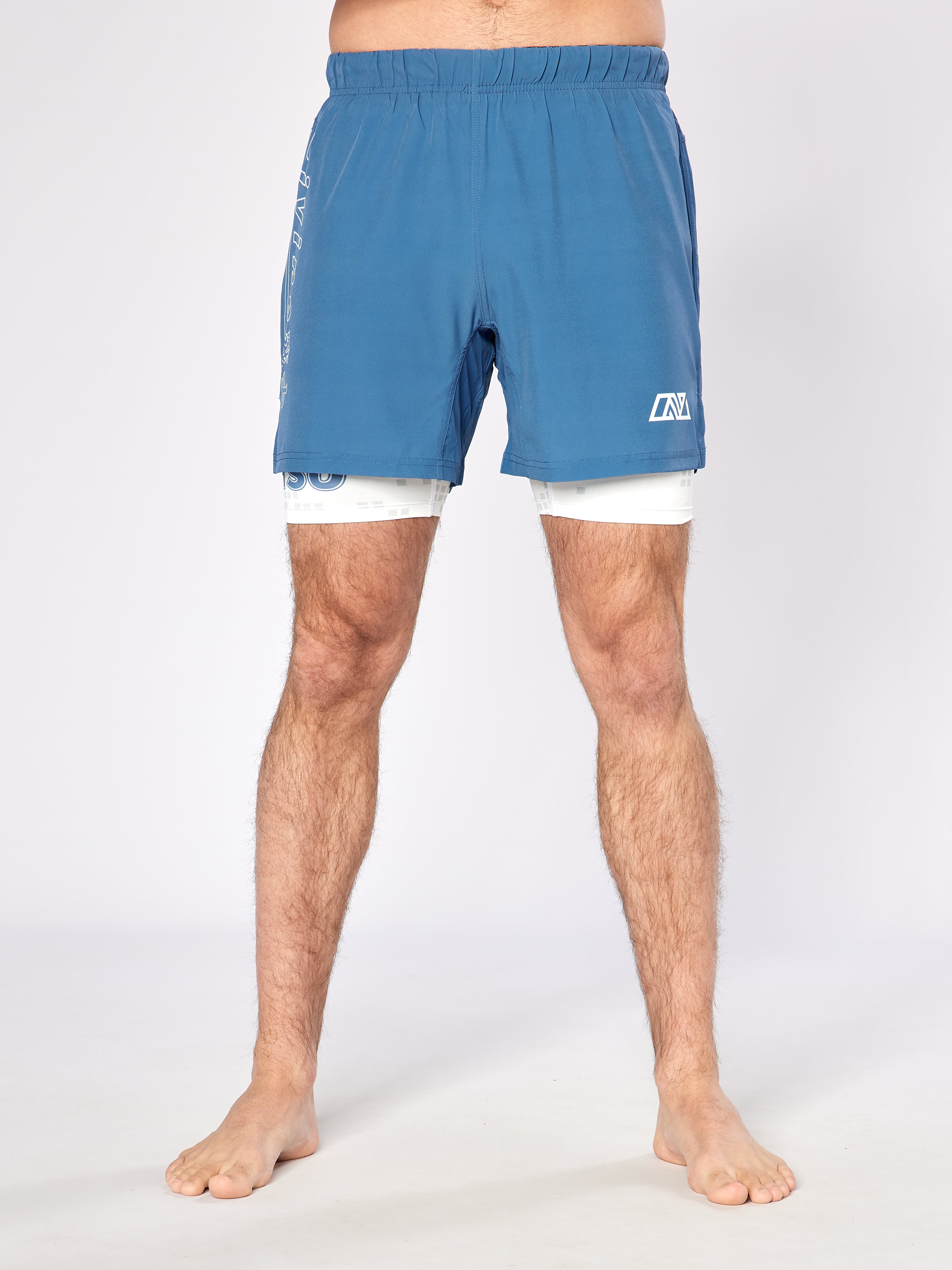 Men’s NoGi BJJ shorts with built-in white compression liner – dual-layer MMA grappling shorts in blue, shown front view